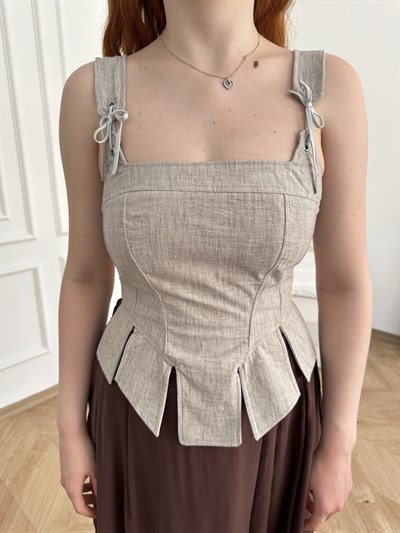 Kurdele Bağcıklı Crop Bluz Bej