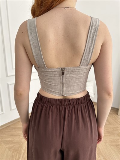 Kurdele Bağcıklı Crop Bluz Bej