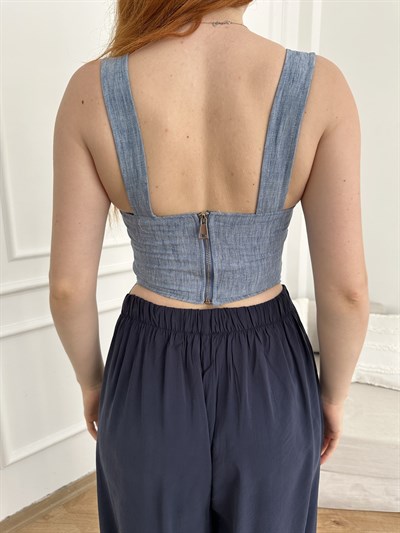 Kurdele Bağcıklı Crop Bluz Mavi