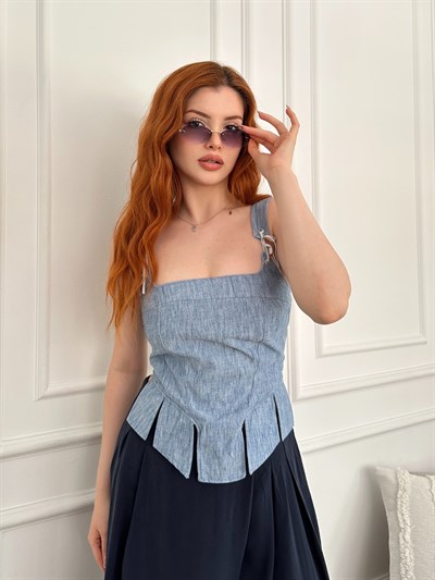 Kurdele Bağcıklı Crop Bluz Mavi