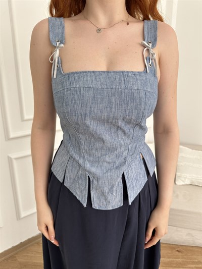Kurdele Bağcıklı Crop Bluz Mavi