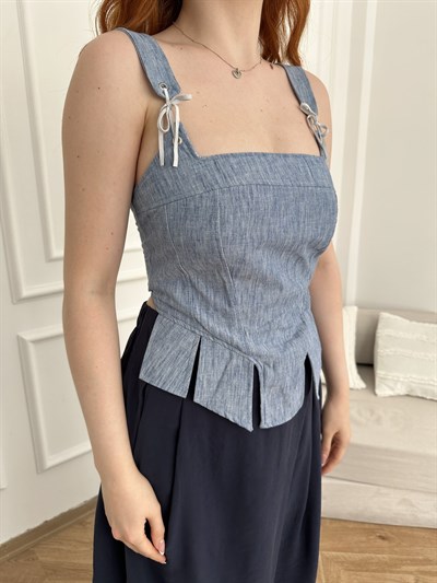 Kurdele Bağcıklı Crop Bluz Mavi