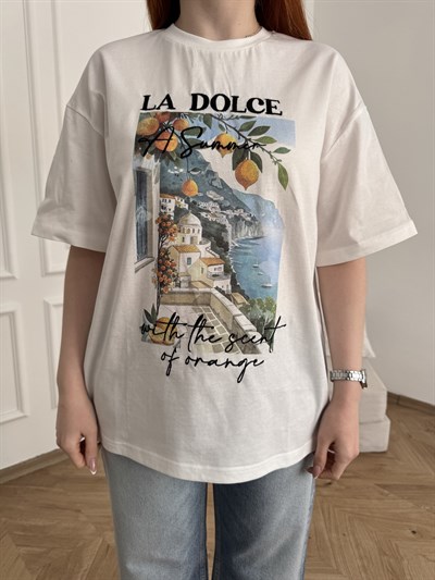 La Dolce Nakışlı T-shirt Ekru