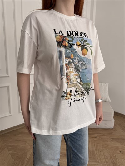 La Dolce Nakışlı T-shirt Ekru