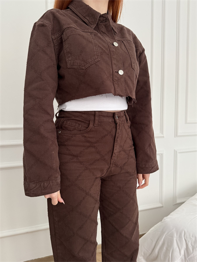 Lazerli Cep Detay Ceket Kahve