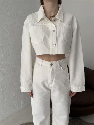 Lazerli Cep Detay Ceket Krem