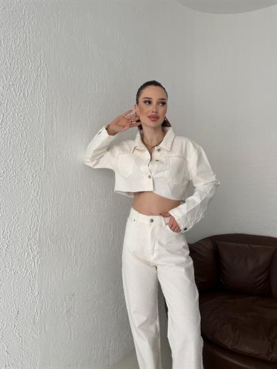 Lazerli Cep Detay Ceket Krem