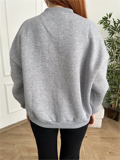 Leopar Baskılı Nakışlı Sweatshirt Gri melanj