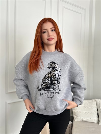 Leopar Baskılı Nakışlı Sweatshirt Gri melanj