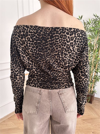 Leopar Desen Kayık Yaka Bluz Kahve-siyah