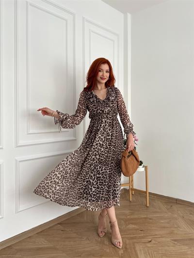 Leopar Desen Şifon Elbise Bej