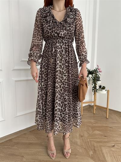 Leopar Desen Şifon Elbise Bej