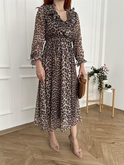 Leopar Desen Şifon Elbise Bej