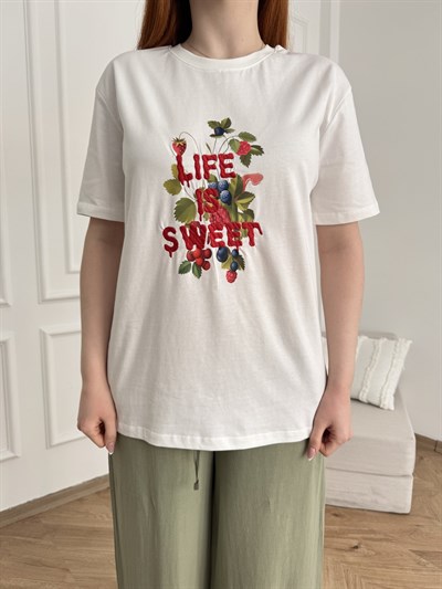 Life Is Sweet Nakışlı Tişört Ekru