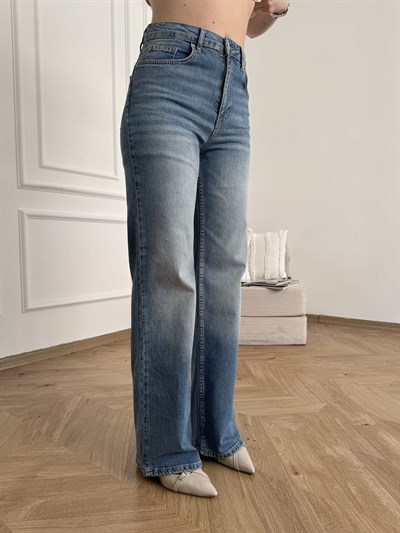 Likralı Geniş Paça Jean Pantolon Mavi