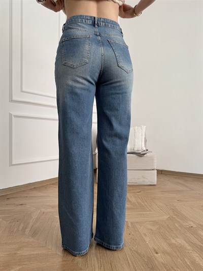 Likralı Geniş Paça Jean Pantolon Mavi
