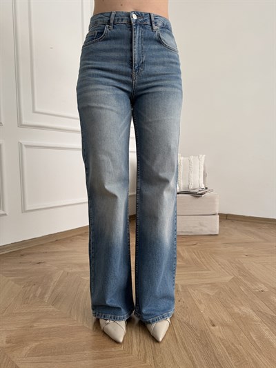 Likralı Geniş Paça Jean Pantolon Mavi