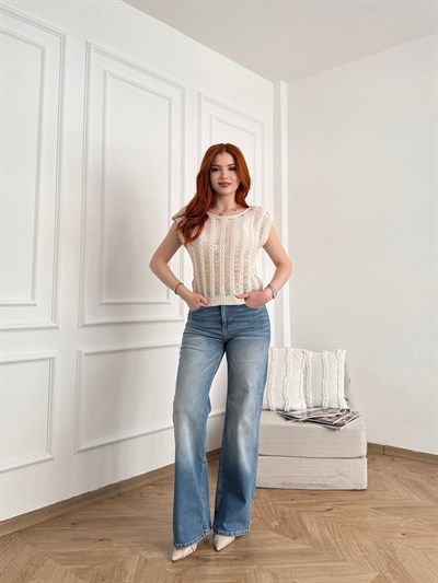 Likralı Geniş Paça Jean Pantolon Mavi