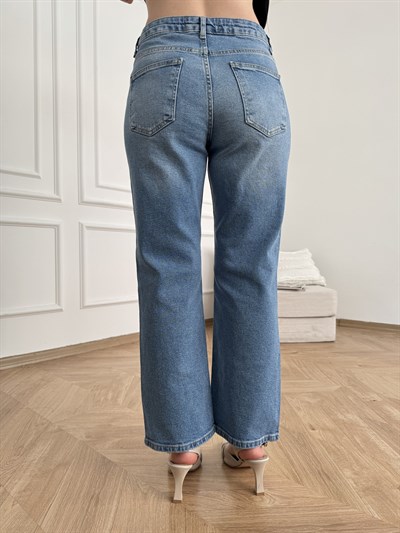 Likralı Kısa Jean Pantolon Mavi