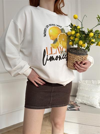 Limon Basklı Sweatshirt Ekru