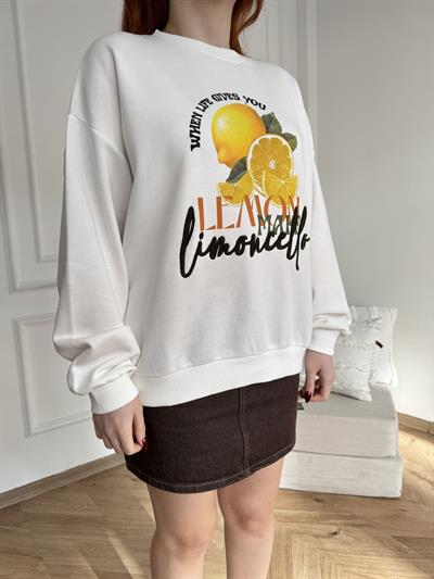 Limon Basklı Sweatshirt Ekru