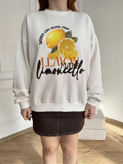 Limon Basklı Sweatshirt Ekru
