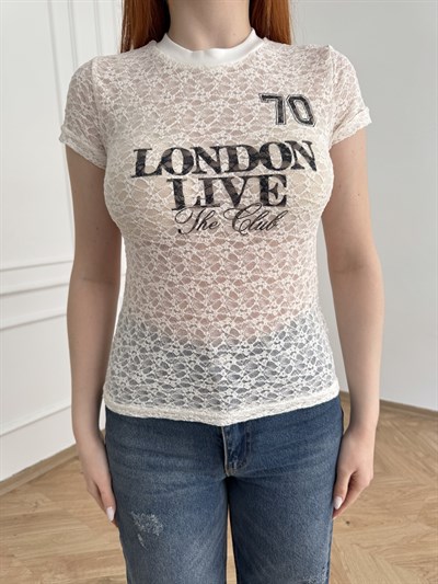 London Live Dantel Kısa Kol Bluz Ekru