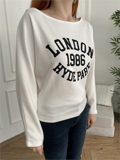 London1986 Baskılı Sweatshirt Ekru