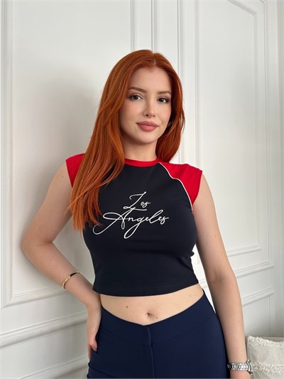 Los Angeles Nakışlı Crop T-shirt Lacivert