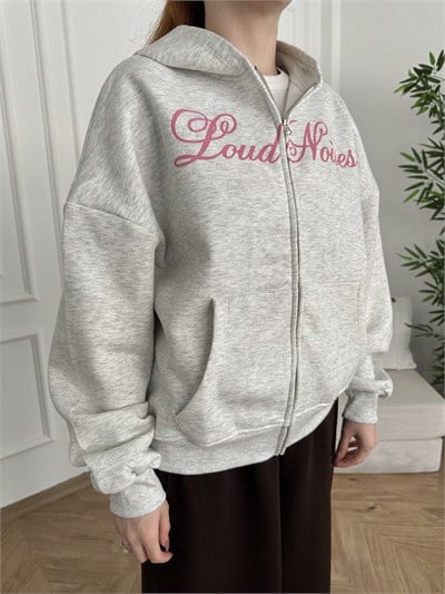 Loud Noises Baskılı Fermuarlı Kapüşonlu Sweatshirt Gri-gümüş