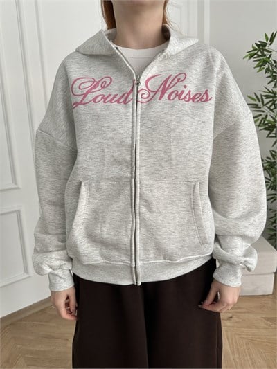 Loud Noises Baskılı Fermuarlı Kapüşonlu Sweatshirt Gri-gümüş