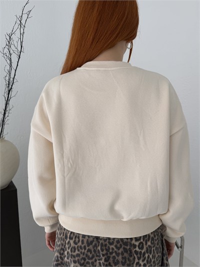 Love Aplikeli Sweatshırt Krem