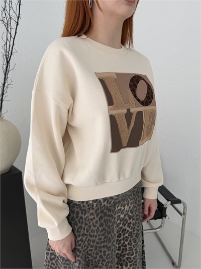 Love Aplikeli Sweatshırt Krem