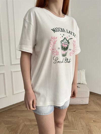 Matcha Baskılı T-shirt Ekru