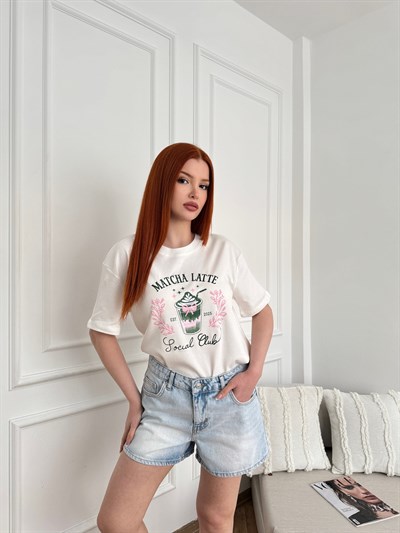 Matcha Baskılı T-shirt Ekru