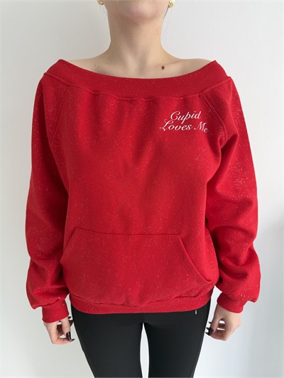 Melek Kanadı Taşlı Oversize Sweatshirt Kırmızı