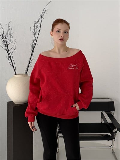 Melek Kanadı Taşlı Oversize Sweatshirt Kırmızı