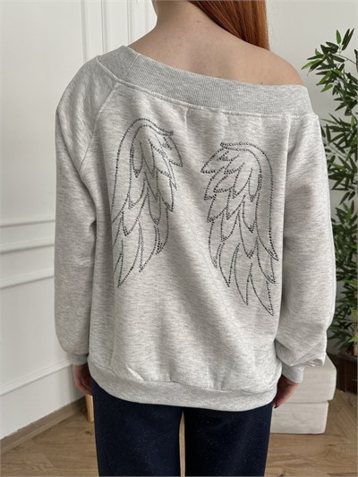 Melek Kanadı Taşlı Oversize Sweatshirt Gri melanj