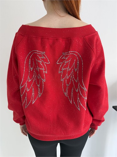 Melek Kanadı Taşlı Oversize Sweatshirt Kırmızı