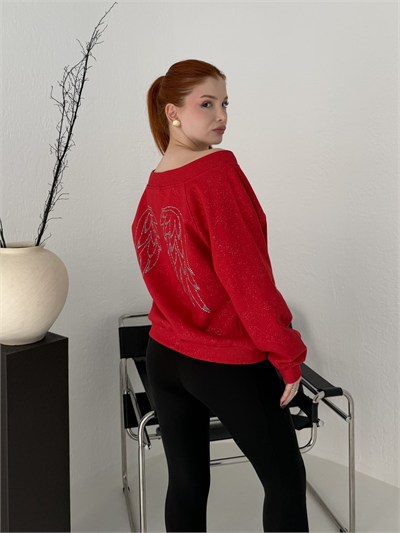 Melek Kanadı Taşlı Oversize Sweatshirt Kırmızı