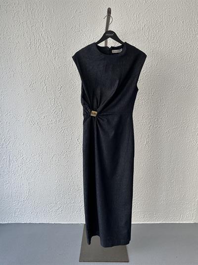 Metal Tokalı Denim Elbise Lacivert