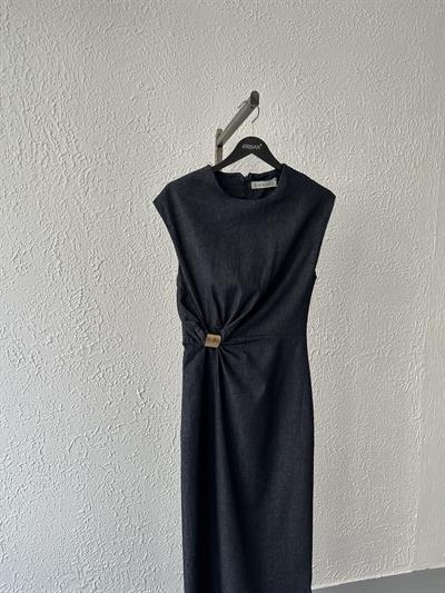 Metal Tokalı Denim Elbise Lacivert