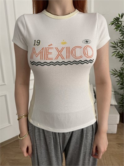 Mexico Baskılı Ribana T-shirt Ekru
