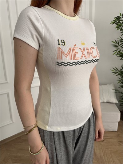 Mexico Baskılı Ribana T-shirt Ekru