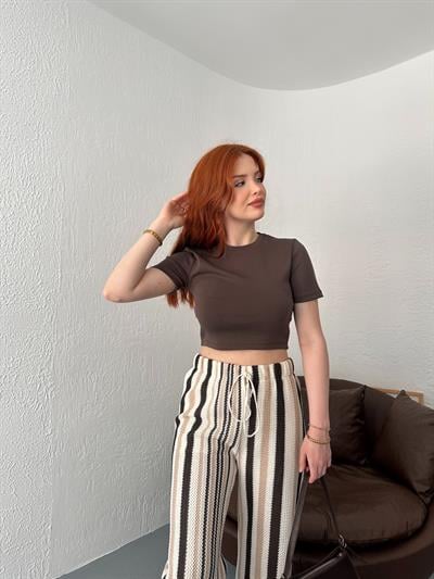 Modal Kumaş Crop Tişört Acı kahve