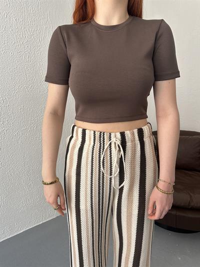 Modal Kumaş Crop Tişört Acı kahve