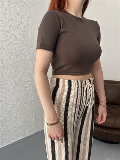 Modal Kumaş Crop Tişört Acı kahve