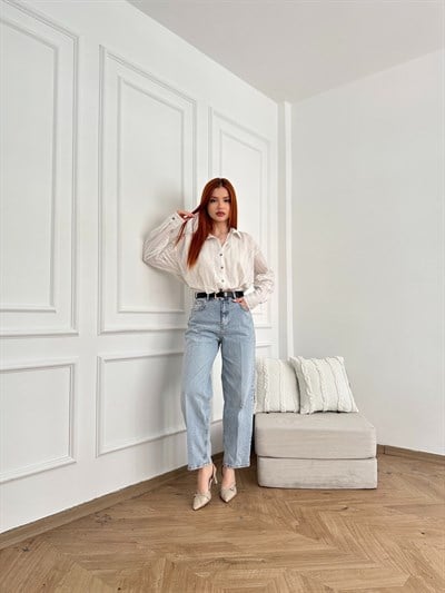 Mom Fit Kemerli Jean Açık mavi