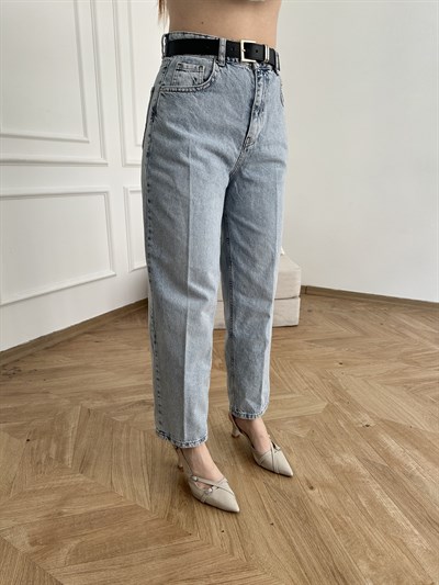 Mom Fit Kemerli Jean Açık mavi