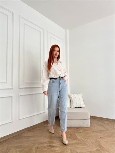 Mom Fit Kemerli Jean Açık mavi